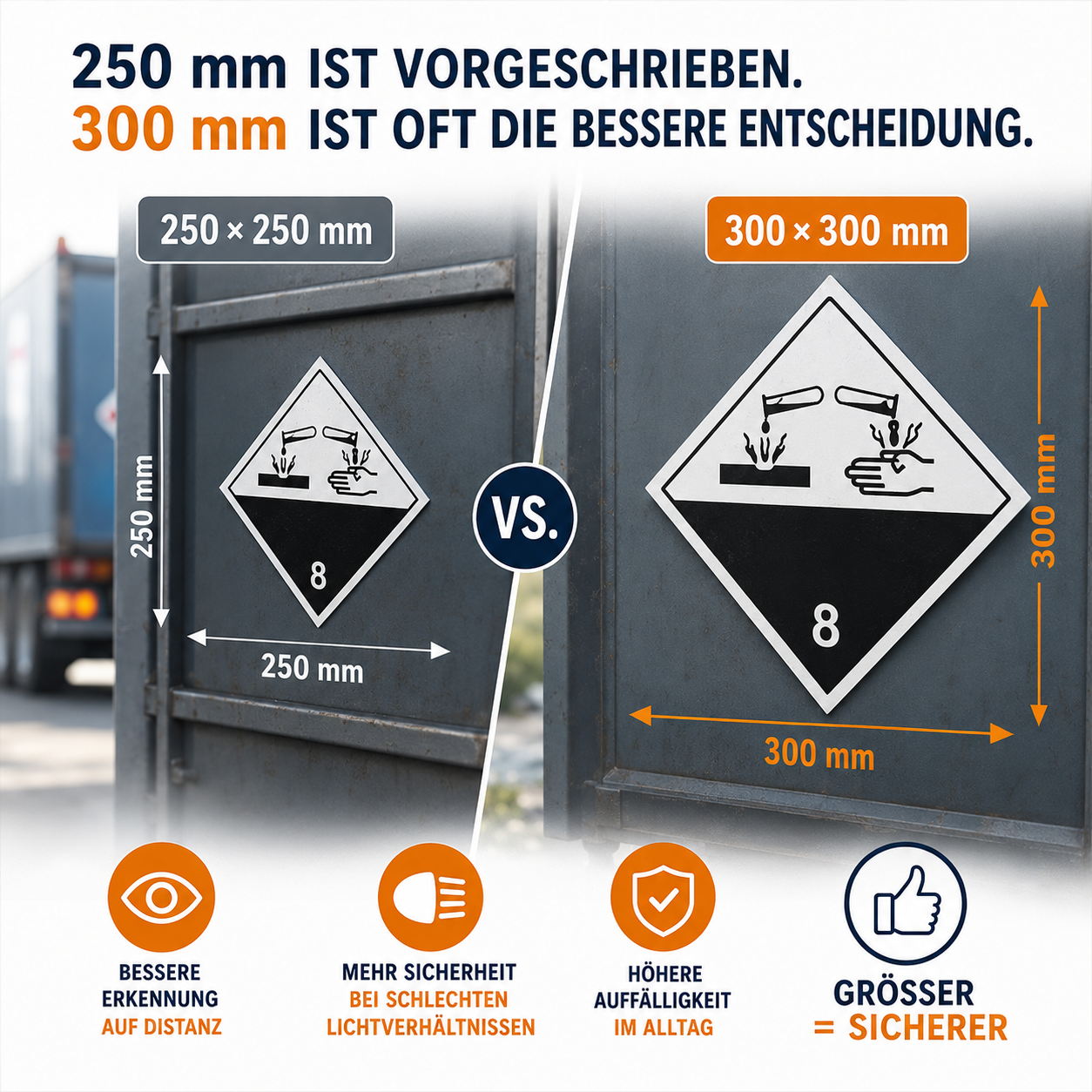 Vergleich Gefahrgutaufkleber 250 x 250 mm und 300 x 300 mm