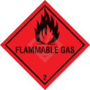 Gefahrgutetikett Klasse 2.1 Entzündbare Gase, 10x10 cm, PE-Folie, Eindruck FLAMMABLE GAS, gestrichelte Außenlinie